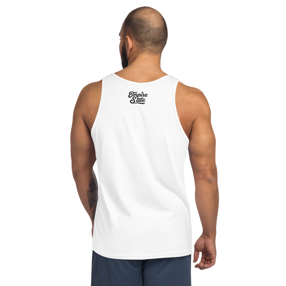 Man wearing a white tank top with 'Empire State' logo on the back, standing against a white background.